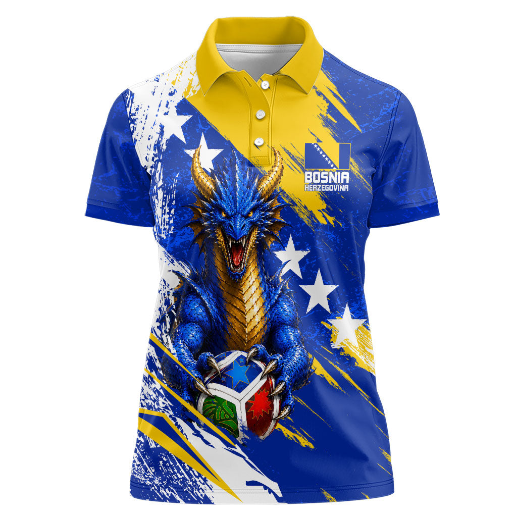Personalized Bosnia Herzegovina Dragon Soccer Women Polo Shirt Bosnian Football Flag Stars Fleur De Lis Grunge