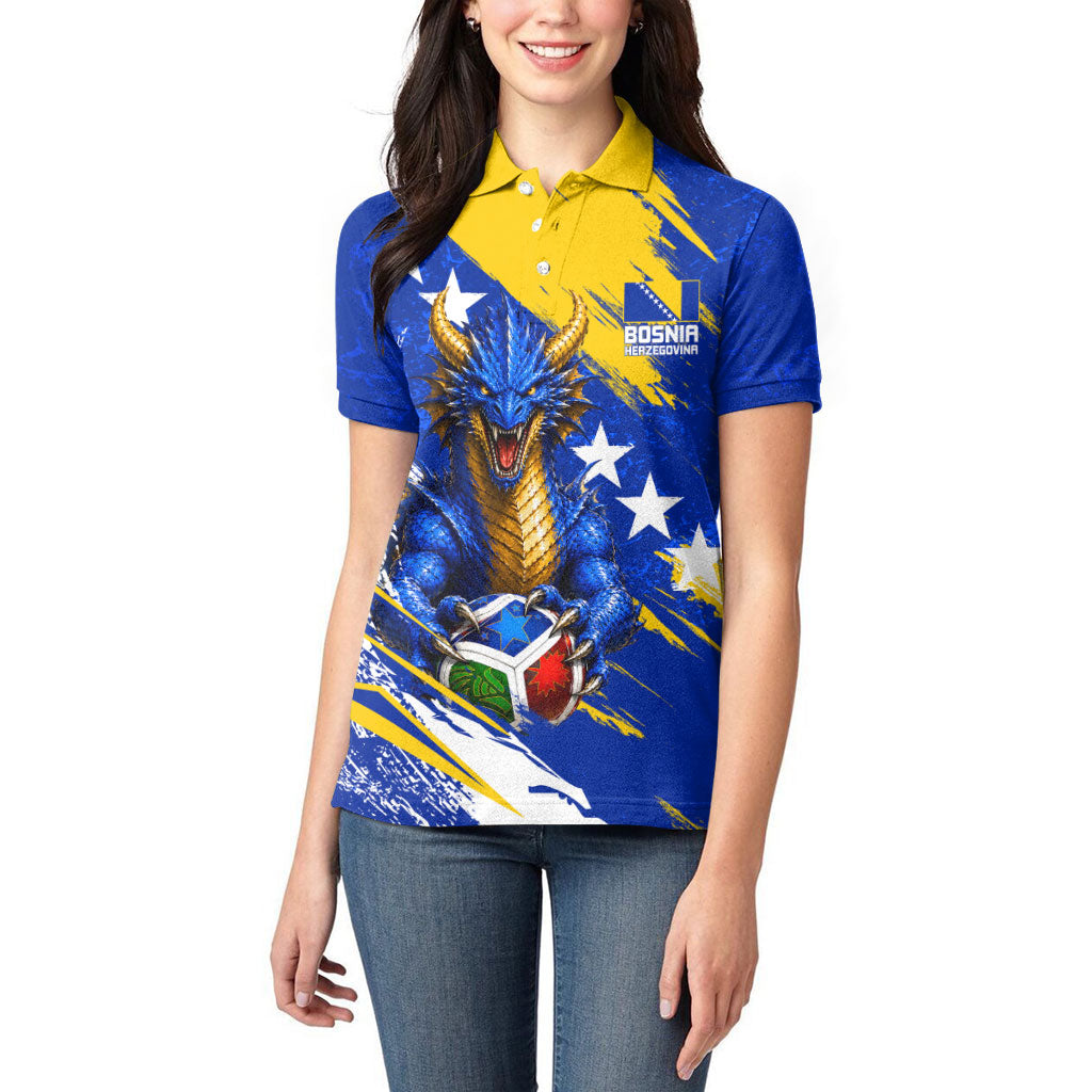 Personalized Bosnia Herzegovina Dragon Soccer Women Polo Shirt Bosnian Football Flag Stars Fleur De Lis Grunge