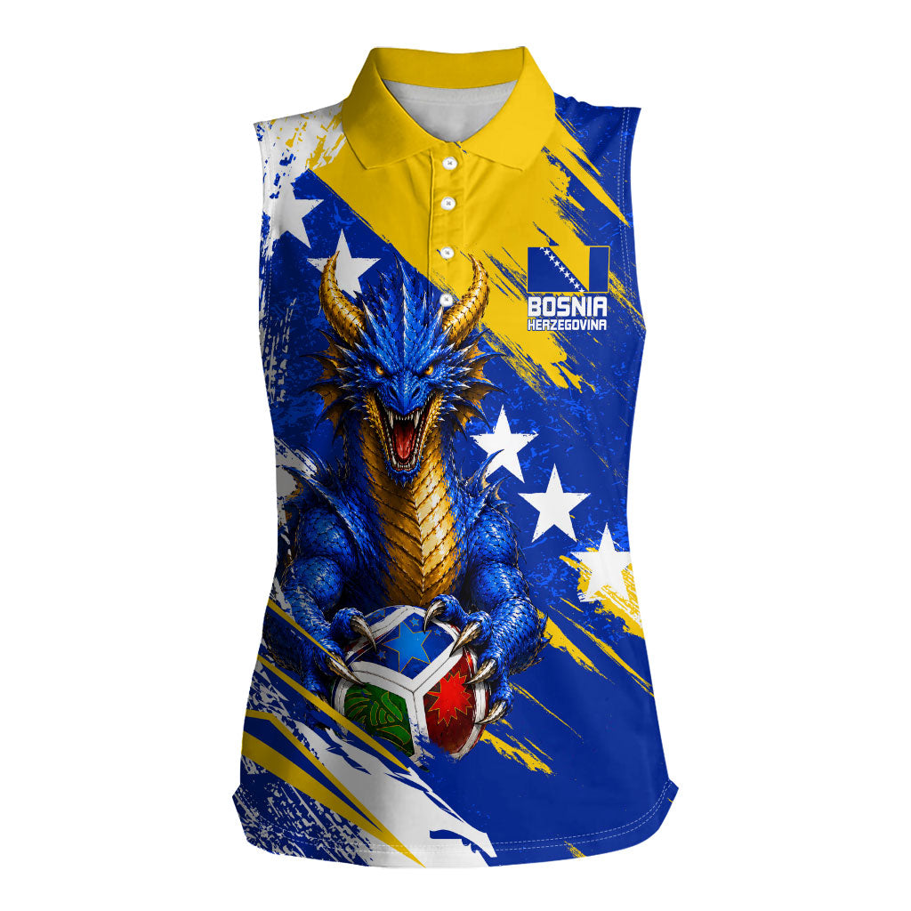 Personalized Bosnia Herzegovina Dragon Soccer Women Sleeveless Polo Shirt Bosnian Football Flag Stars Fleur De Lis Grunge