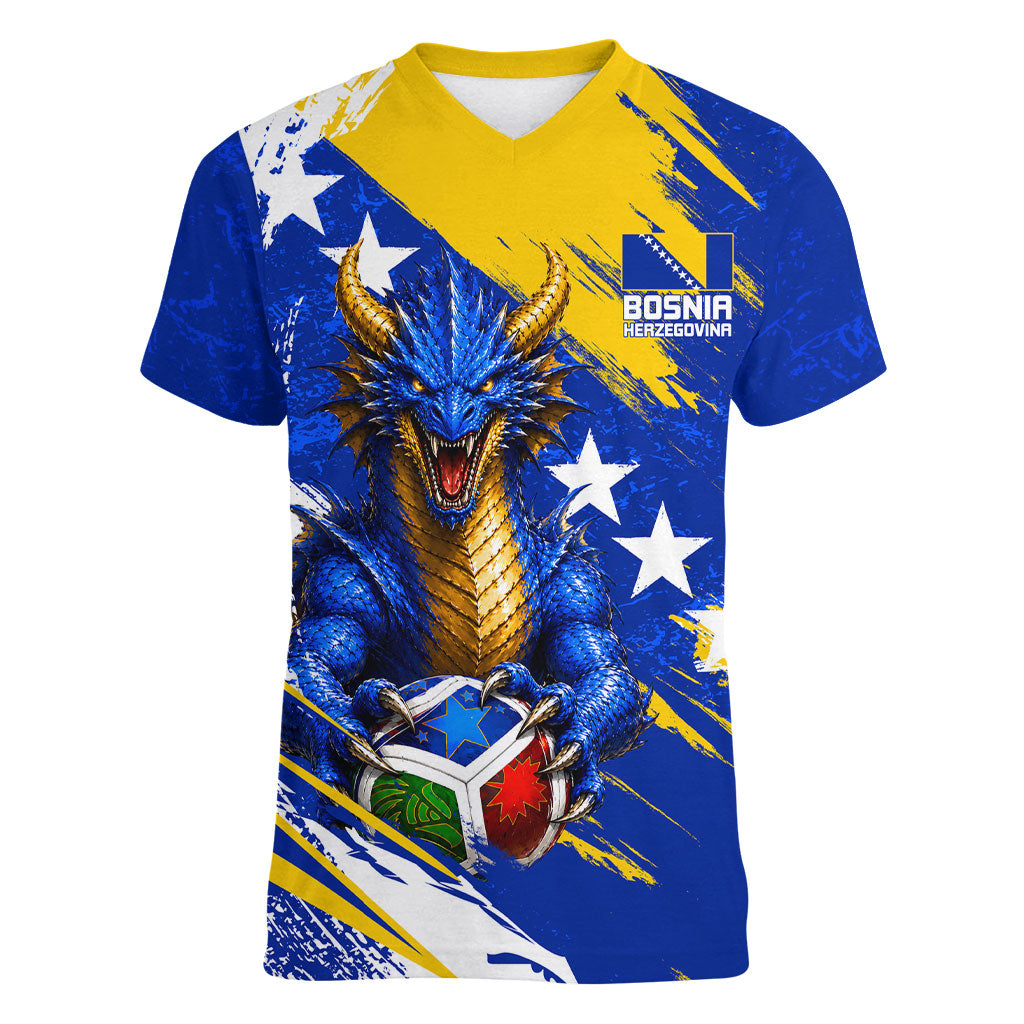 Personalized Bosnia Herzegovina Dragon Soccer Women V-Neck T-Shirt Bosnian Football Flag Stars Fleur De Lis Grunge