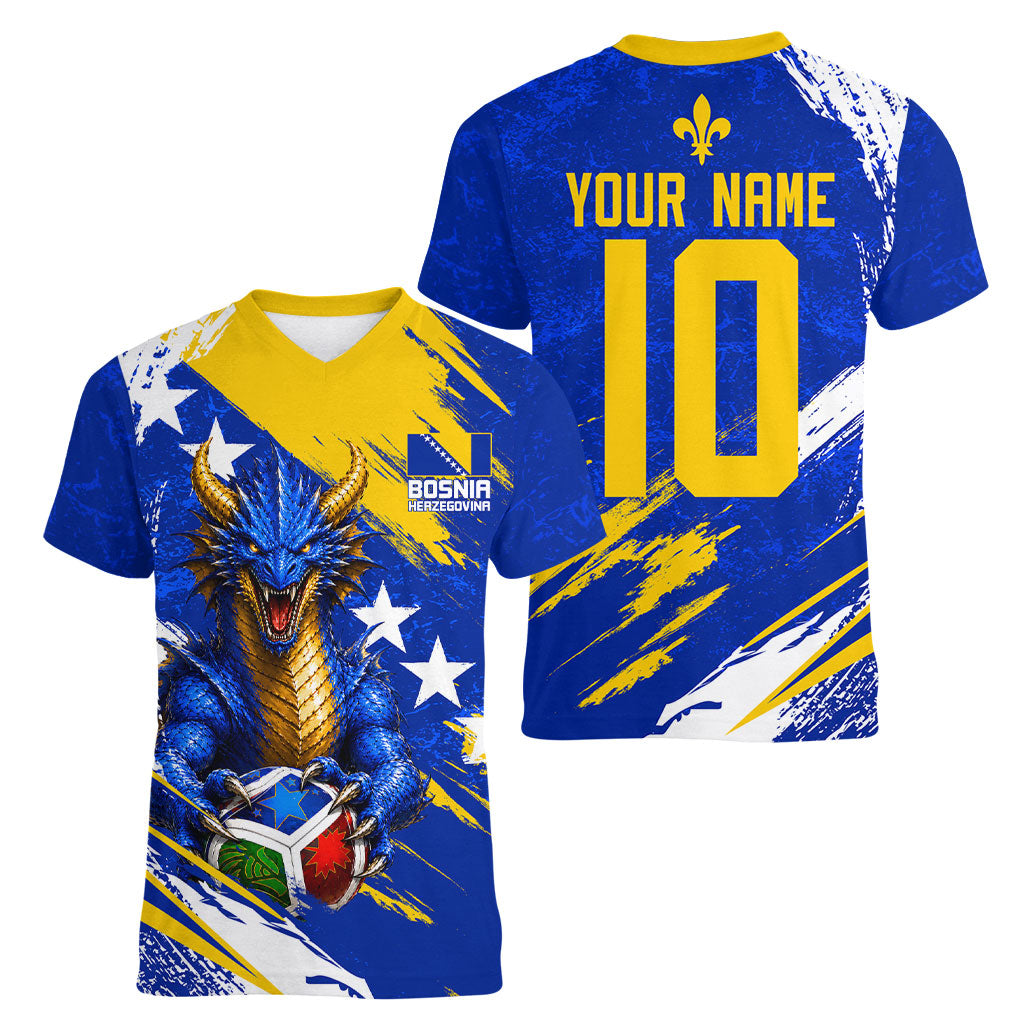 Personalized Bosnia Herzegovina Dragon Soccer Women V-Neck T-Shirt Bosnian Football Flag Stars Fleur De Lis Grunge