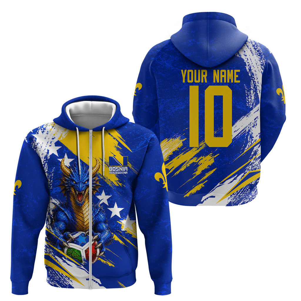 Personalized Bosnia Herzegovina Dragon Soccer Zip Hoodie Bosnian Football Flag Stars Fleur De Lis Grunge