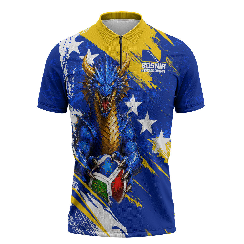 Personalized Bosnia Herzegovina Dragon Soccer Zipper Polo Shirt Bosnian Football Flag Stars Fleur De Lis Grunge