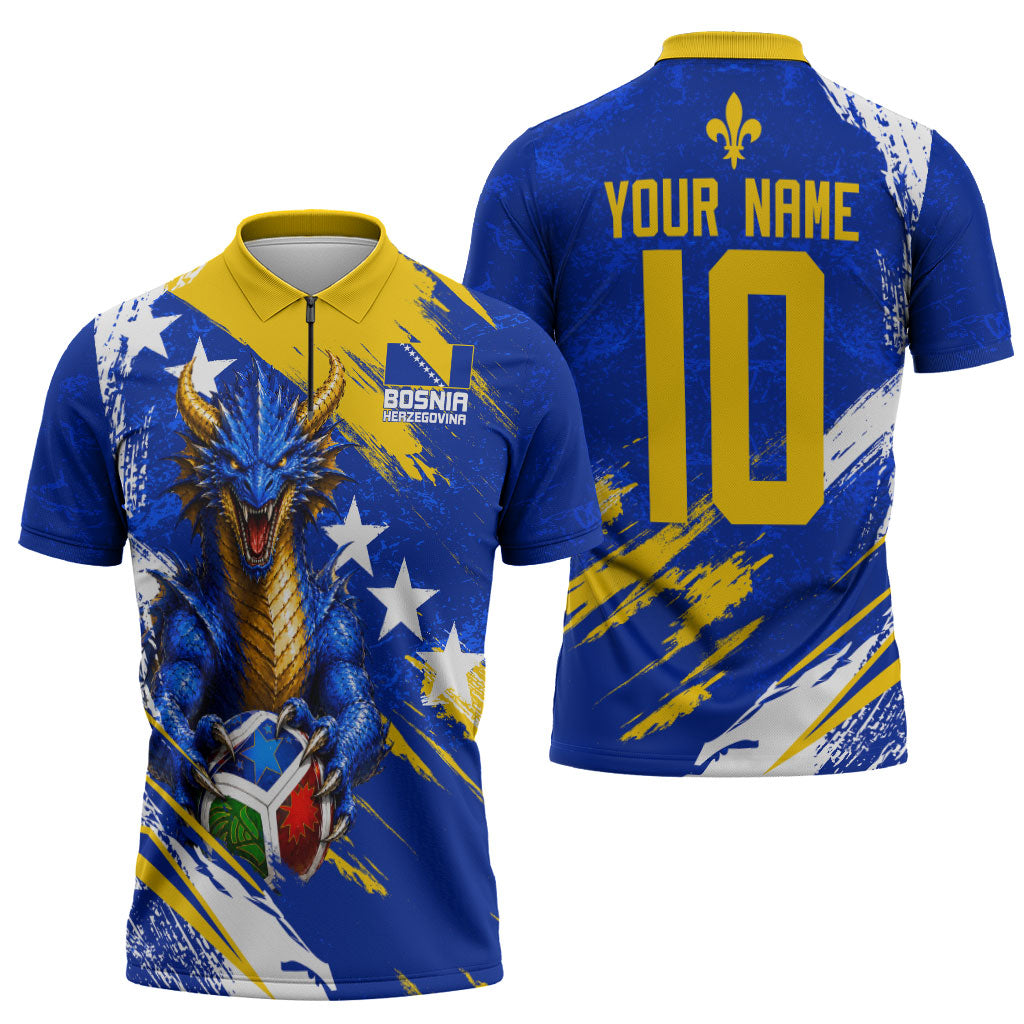 Personalized Bosnia Herzegovina Dragon Soccer Zipper Polo Shirt Bosnian Football Flag Stars Fleur De Lis Grunge