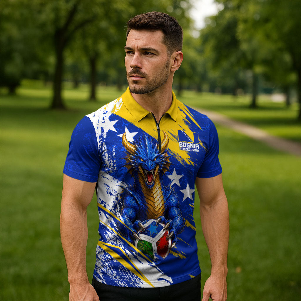 Personalized Bosnia Herzegovina Dragon Soccer Zipper Polo Shirt Bosnian Football Flag Stars Fleur De Lis Grunge