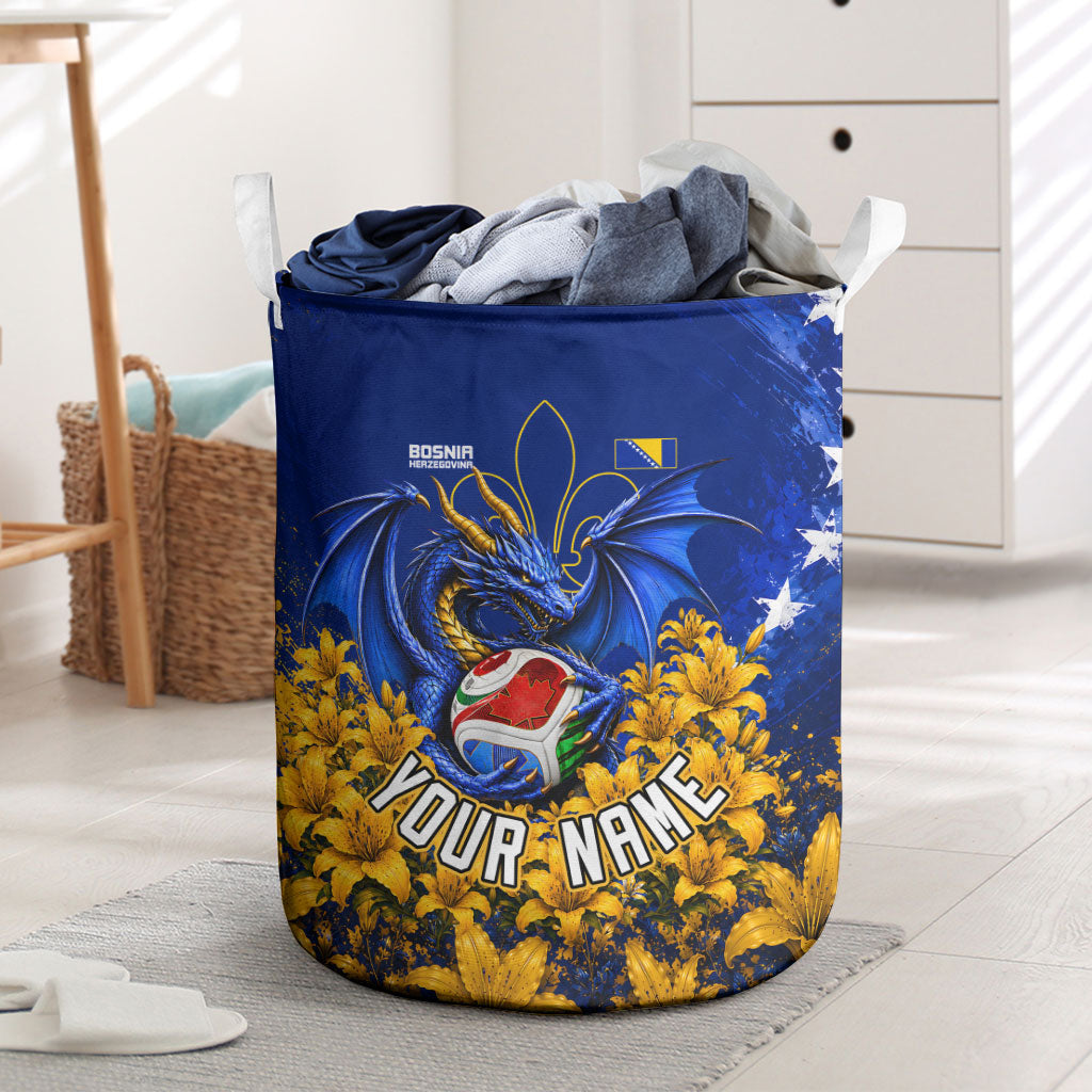Personalized Bosnia Herzegovina Dragon Soccer Laundry Basket Football Golden Lily Bosnian Flag Cheering Fans