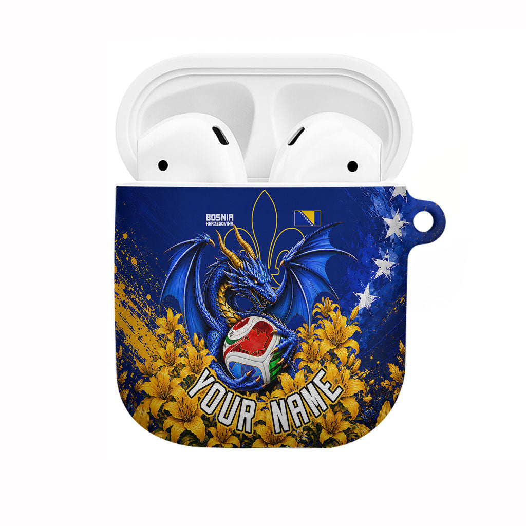 Personalized Bosnia Herzegovina Dragon Soccer AirPods Case Football Golden Lily Bosnian Flag Cheering Fans