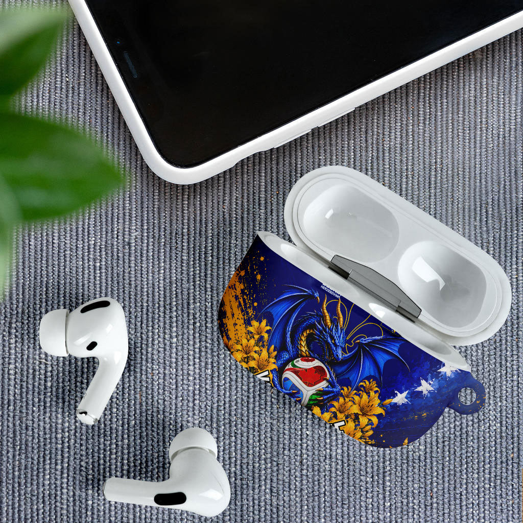 Personalized Bosnia Herzegovina Dragon Soccer AirPods Case Football Golden Lily Bosnian Flag Cheering Fans