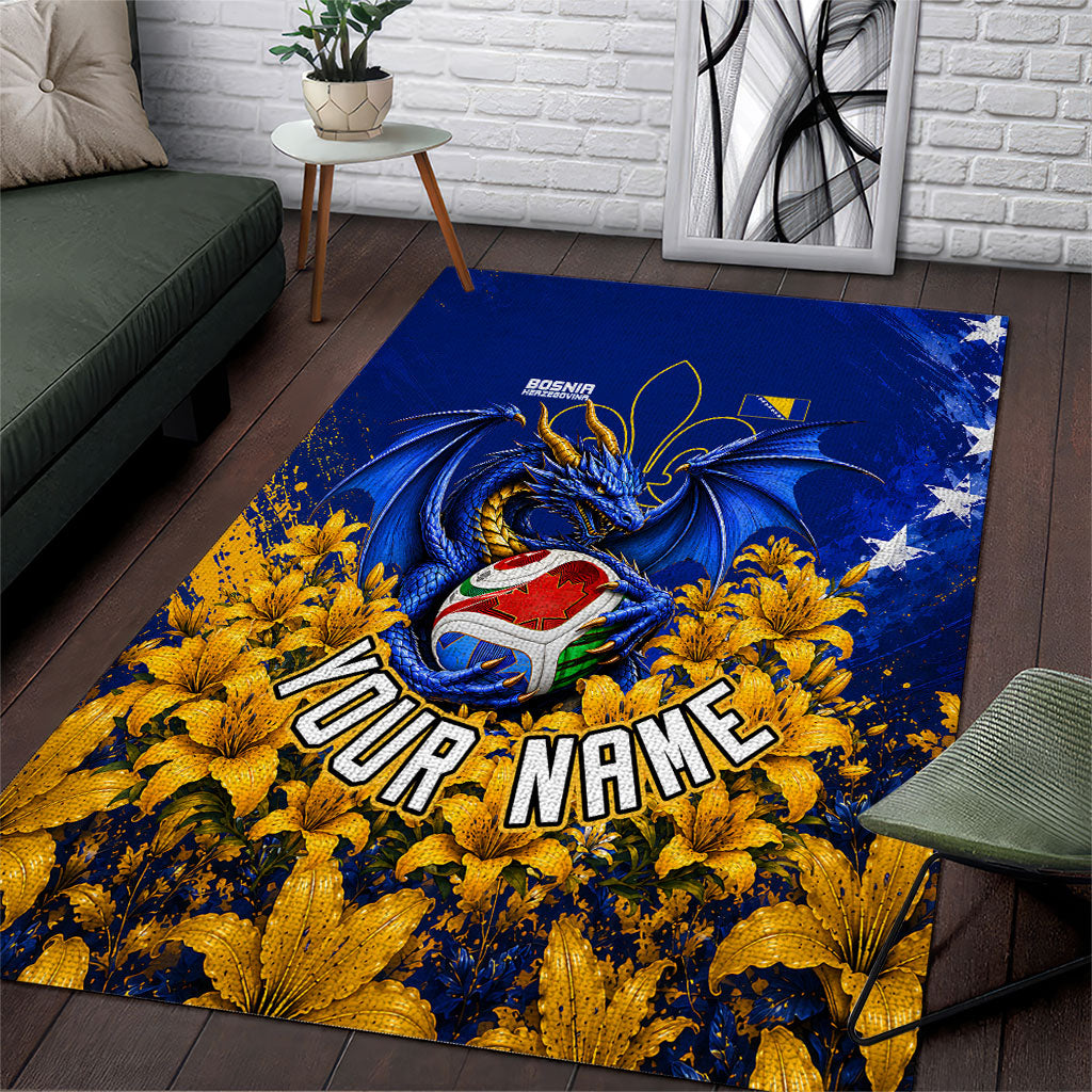 Personalized Bosnia Herzegovina Dragon Soccer Area Rug Football Golden Lily Bosnian Flag Cheering Fans