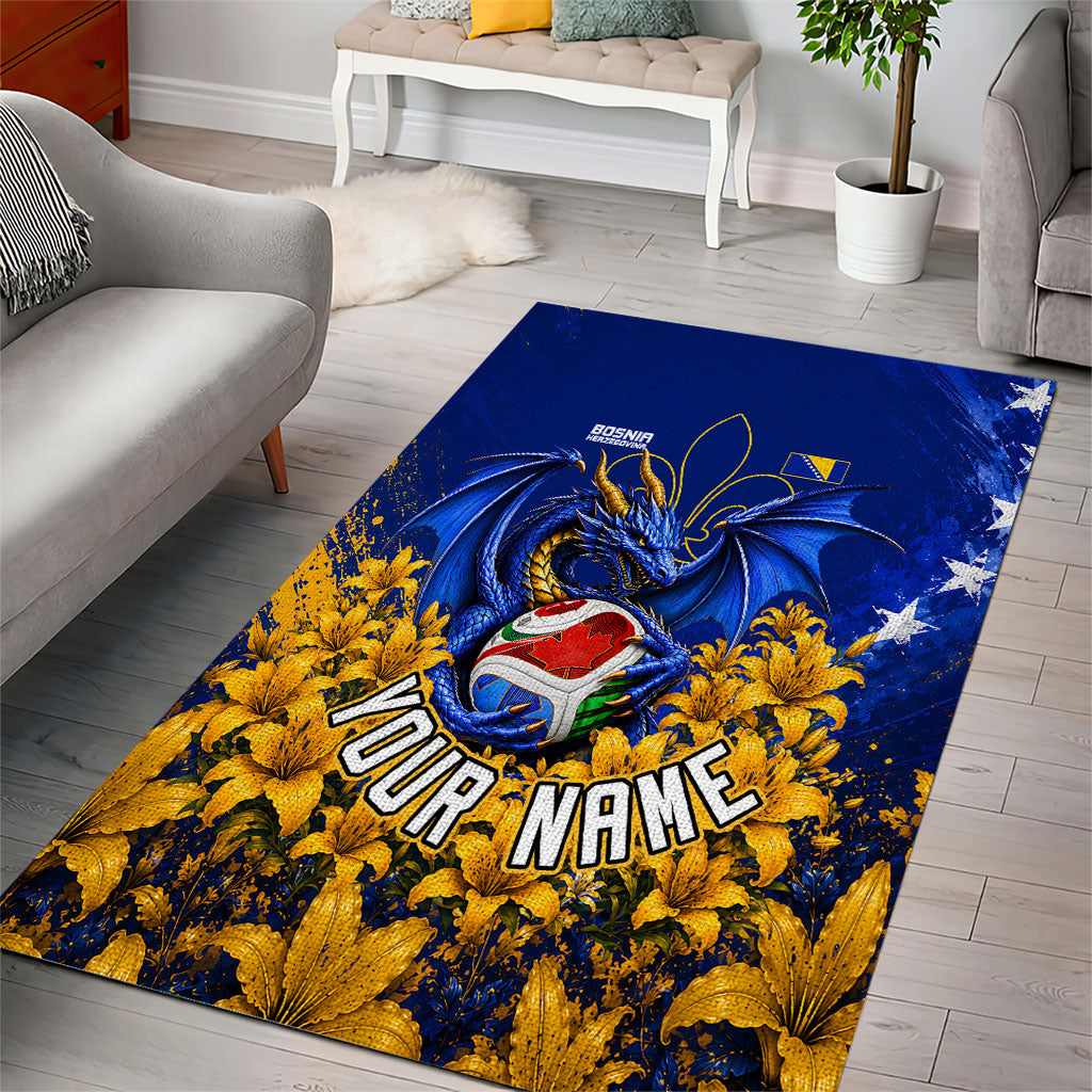Personalized Bosnia Herzegovina Dragon Soccer Area Rug Football Golden Lily Bosnian Flag Cheering Fans