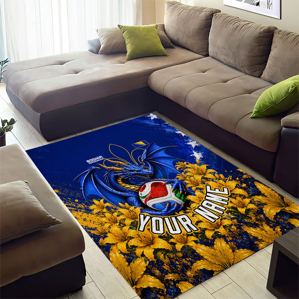 Personalized Bosnia Herzegovina Dragon Soccer Area Rug Football Golden Lily Bosnian Flag Cheering Fans