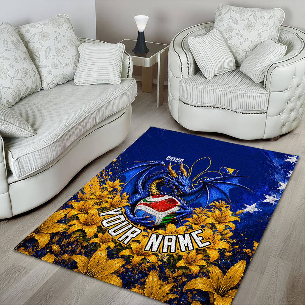 Personalized Bosnia Herzegovina Dragon Soccer Area Rug Football Golden Lily Bosnian Flag Cheering Fans