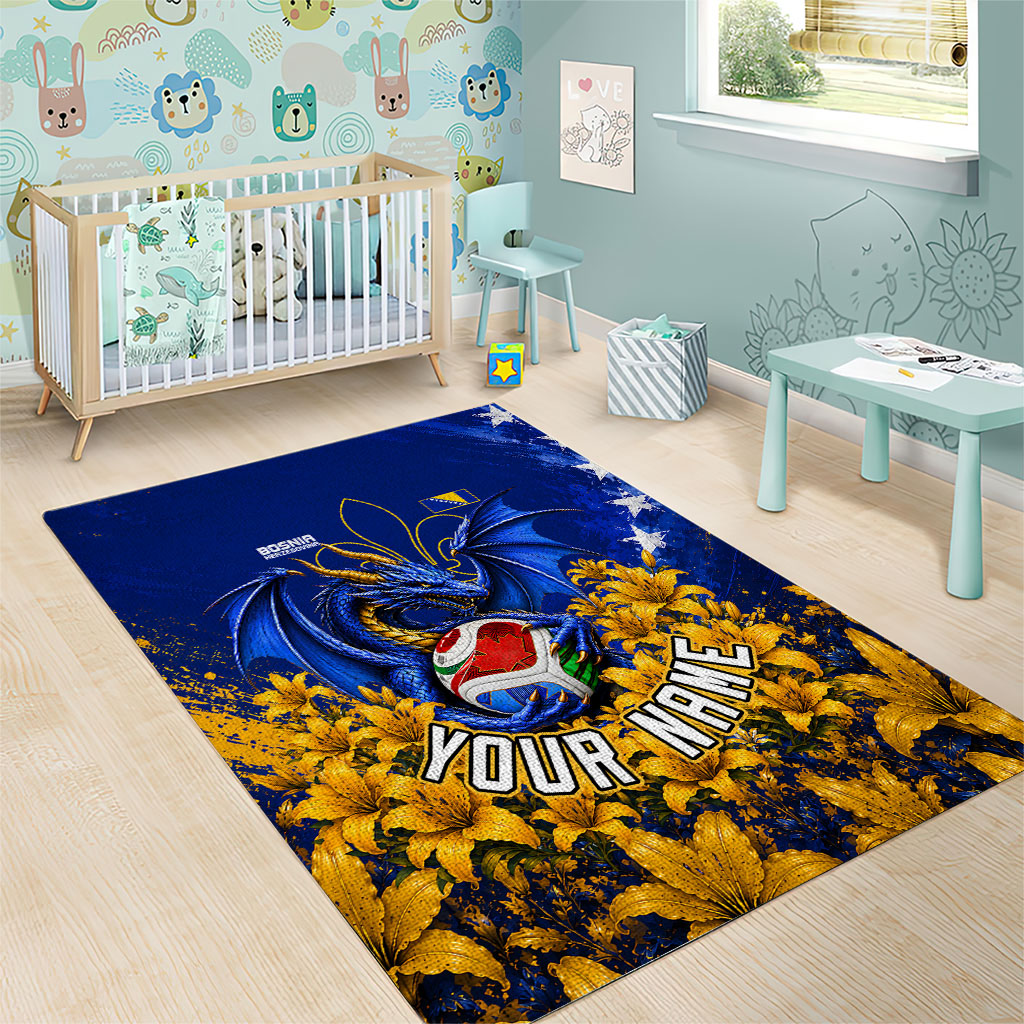 Personalized Bosnia Herzegovina Dragon Soccer Area Rug Football Golden Lily Bosnian Flag Cheering Fans