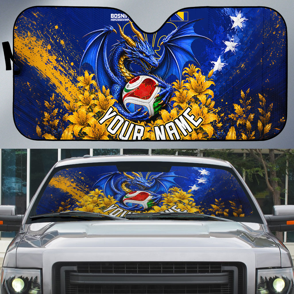 Personalized Bosnia Herzegovina Dragon Soccer Auto Sun Shade Football Golden Lily Bosnian Flag Cheering Fans