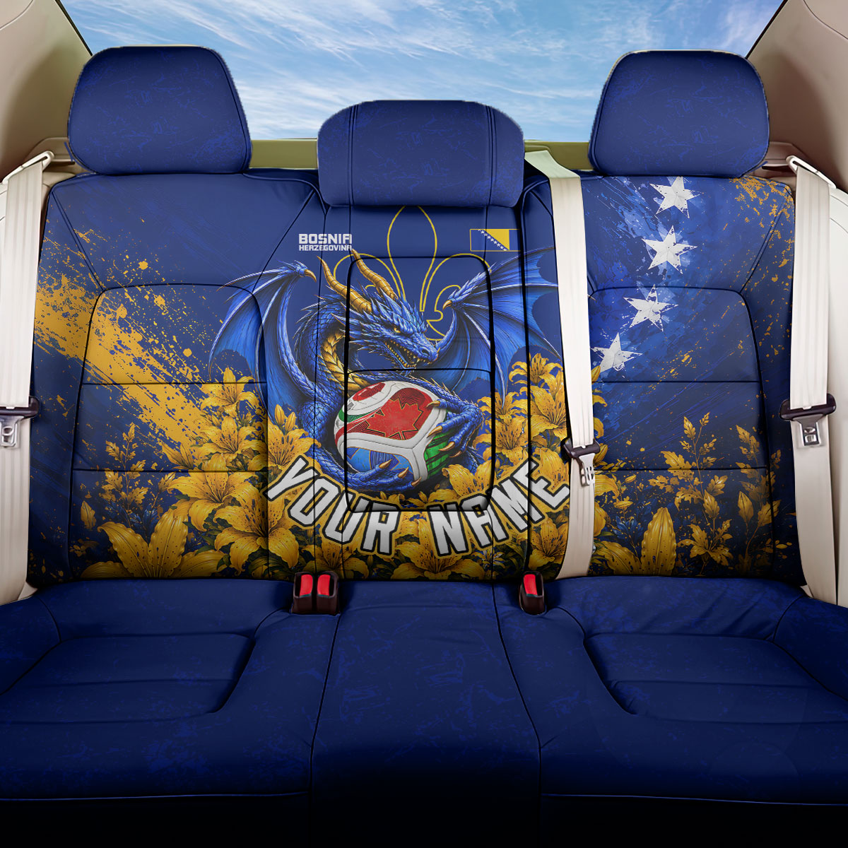 Personalized Bosnia Herzegovina Dragon Soccer Back Car Seat Cover Football Golden Lily Bosnian Flag Cheering Fans
