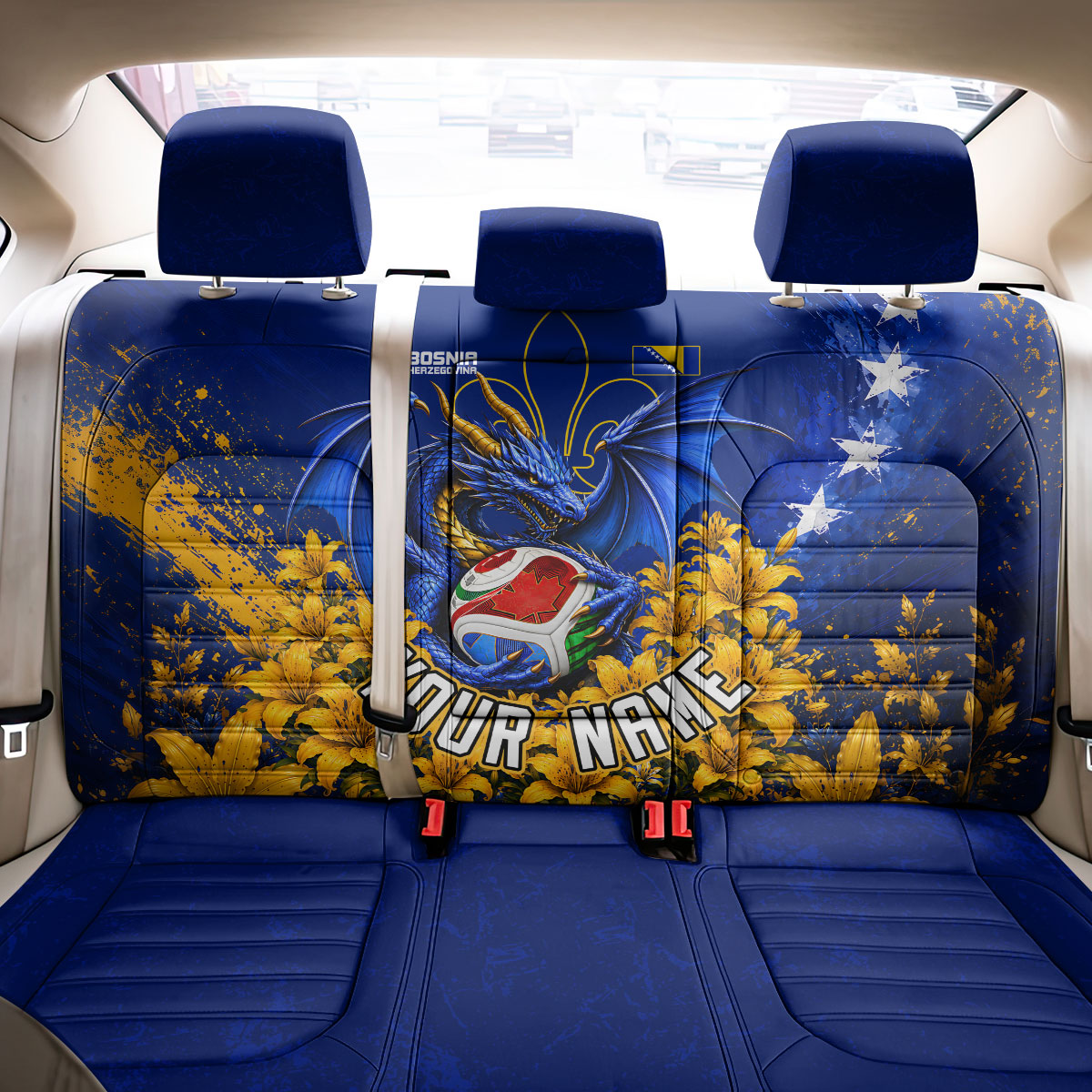 Personalized Bosnia Herzegovina Dragon Soccer Back Car Seat Cover Football Golden Lily Bosnian Flag Cheering Fans