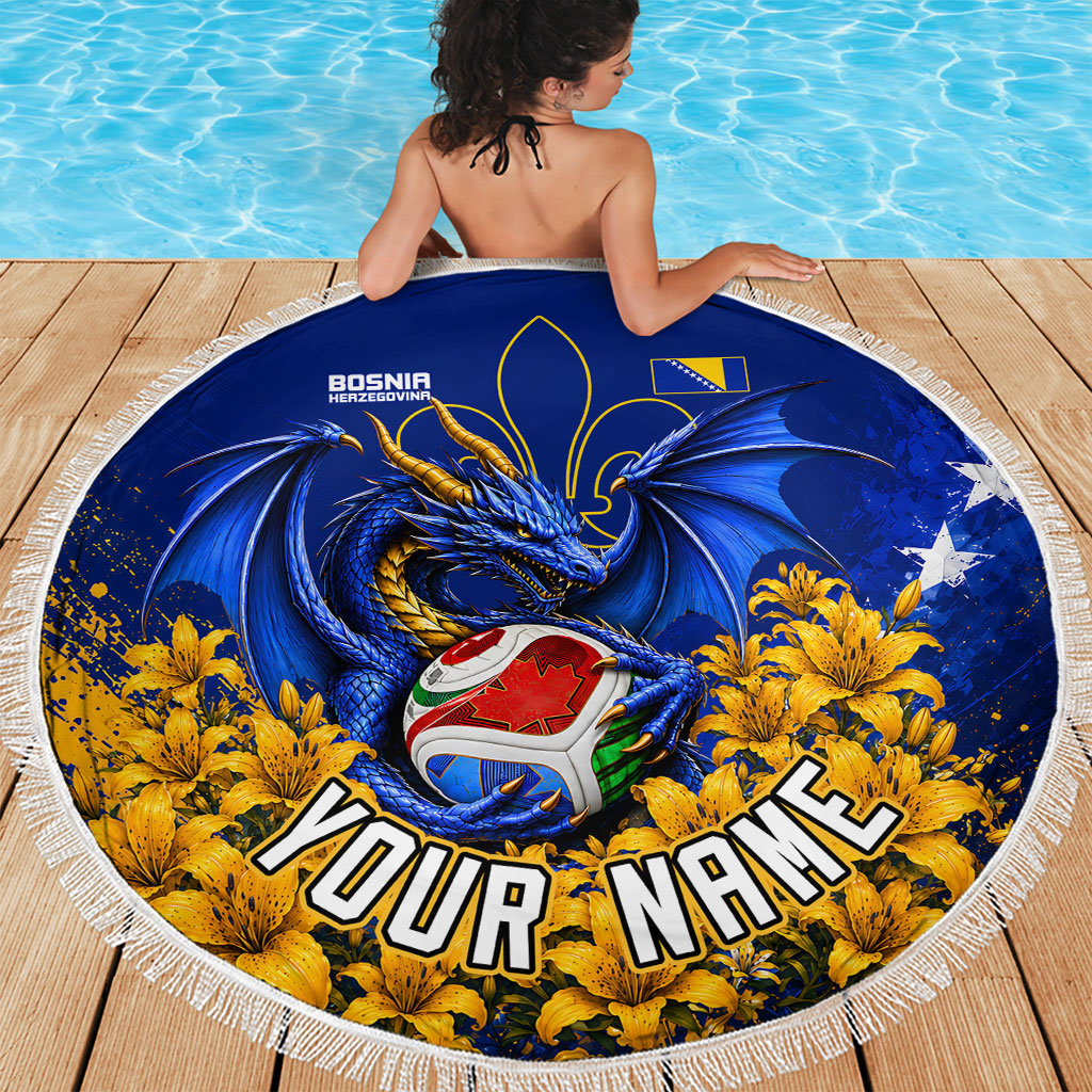 Personalized Bosnia Herzegovina Dragon Soccer Beach Blanket Football Golden Lily Bosnian Flag Cheering Fans