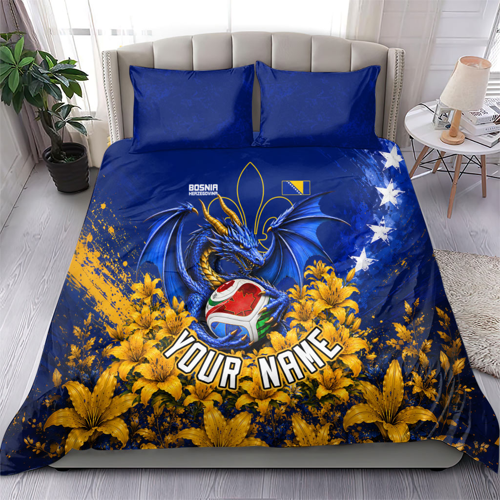 Personalized Bosnia Herzegovina Dragon Soccer Bedding Set Football Golden Lily Bosnian Flag Cheering Fans