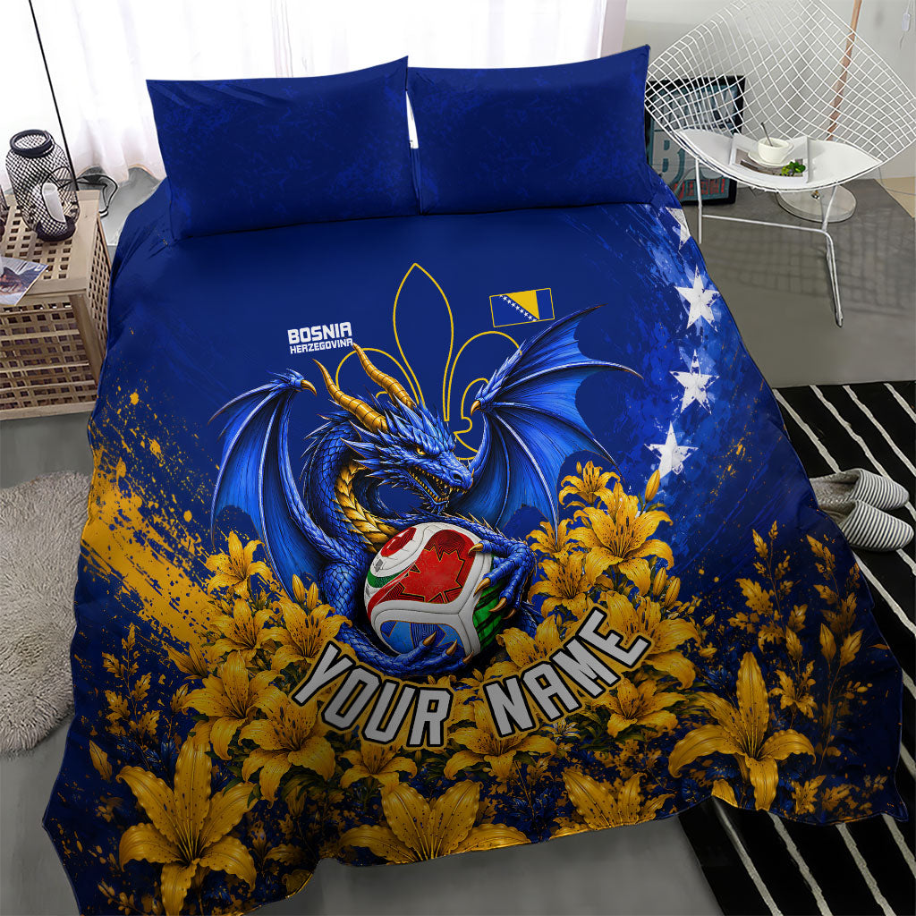 Personalized Bosnia Herzegovina Dragon Soccer Bedding Set Football Golden Lily Bosnian Flag Cheering Fans