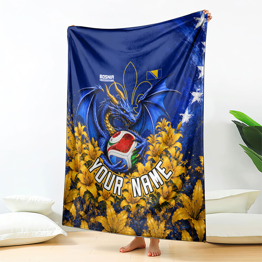 Personalized Bosnia Herzegovina Dragon Soccer Blanket Football Golden Lily Bosnian Flag Cheering Fans