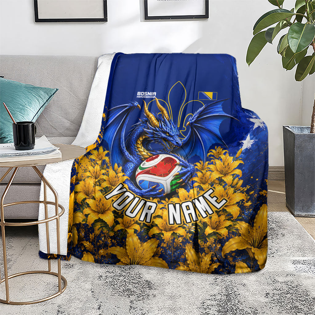 Personalized Bosnia Herzegovina Dragon Soccer Blanket Football Golden Lily Bosnian Flag Cheering Fans
