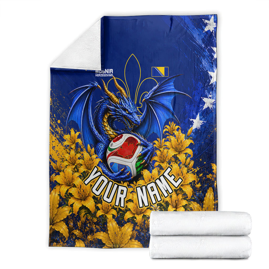 Personalized Bosnia Herzegovina Dragon Soccer Blanket Football Golden Lily Bosnian Flag Cheering Fans