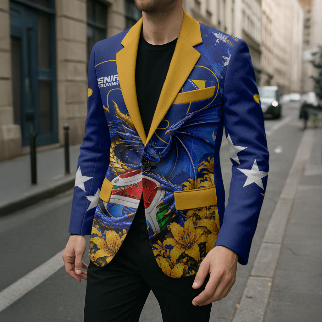 Personalized Bosnia Herzegovina Dragon Soccer Blazer Football Golden Lily Bosnian Flag Cheering Fans