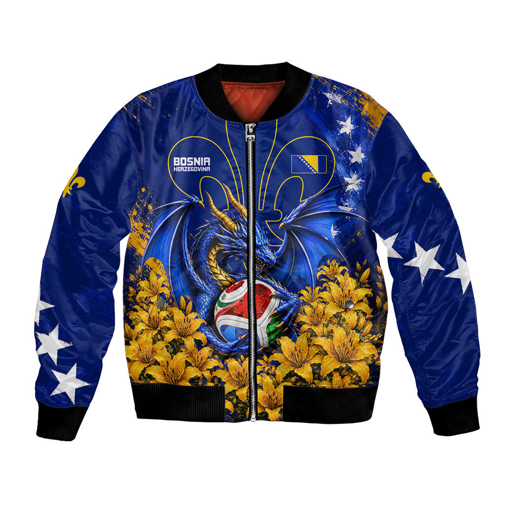 Personalized Bosnia Herzegovina Dragon Soccer Bomber Jacket Football Golden Lily Bosnian Flag Cheering Fans