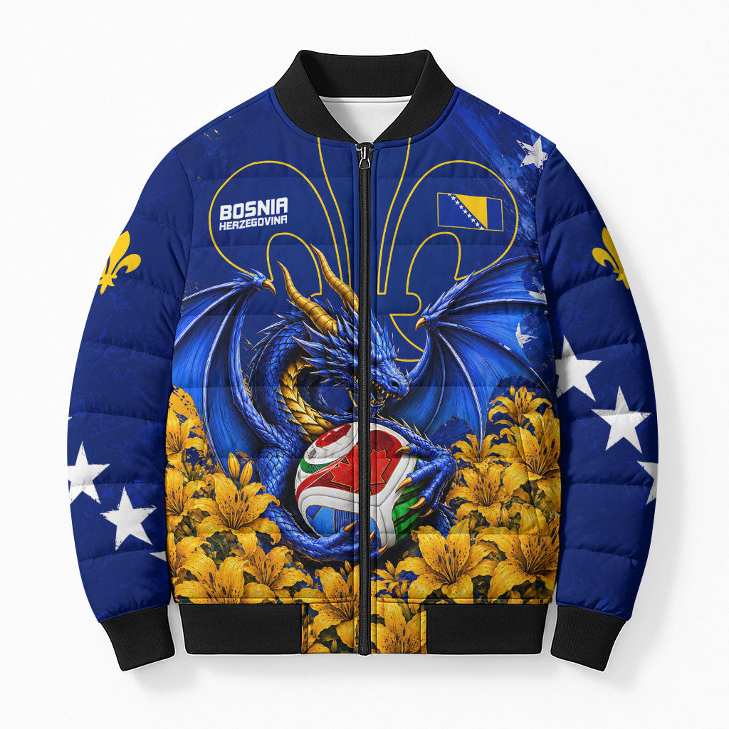 Personalized Bosnia Herzegovina Dragon Soccer Bomber Puffer Jacket Football Golden Lily Bosnian Flag Cheering Fans