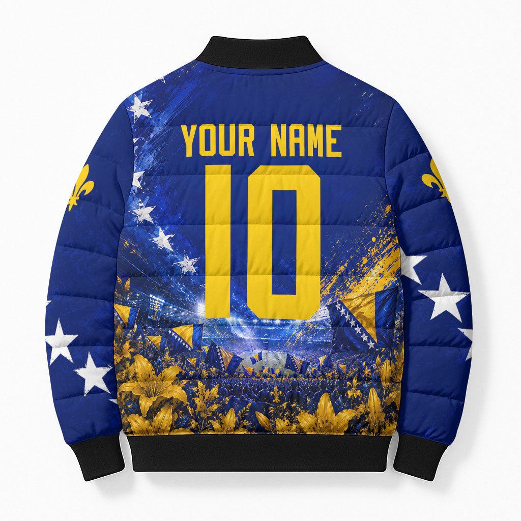 Personalized Bosnia Herzegovina Dragon Soccer Bomber Puffer Jacket Football Golden Lily Bosnian Flag Cheering Fans