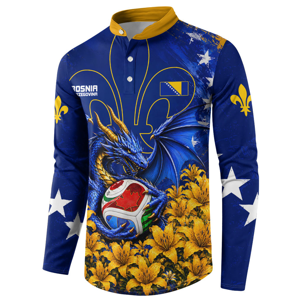 Personalized Bosnia Herzegovina Dragon Soccer Button Sweatshirt Football Golden Lily Bosnian Flag Cheering Fans