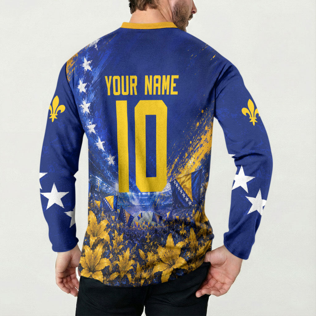 Personalized Bosnia Herzegovina Dragon Soccer Button Sweatshirt Football Golden Lily Bosnian Flag Cheering Fans