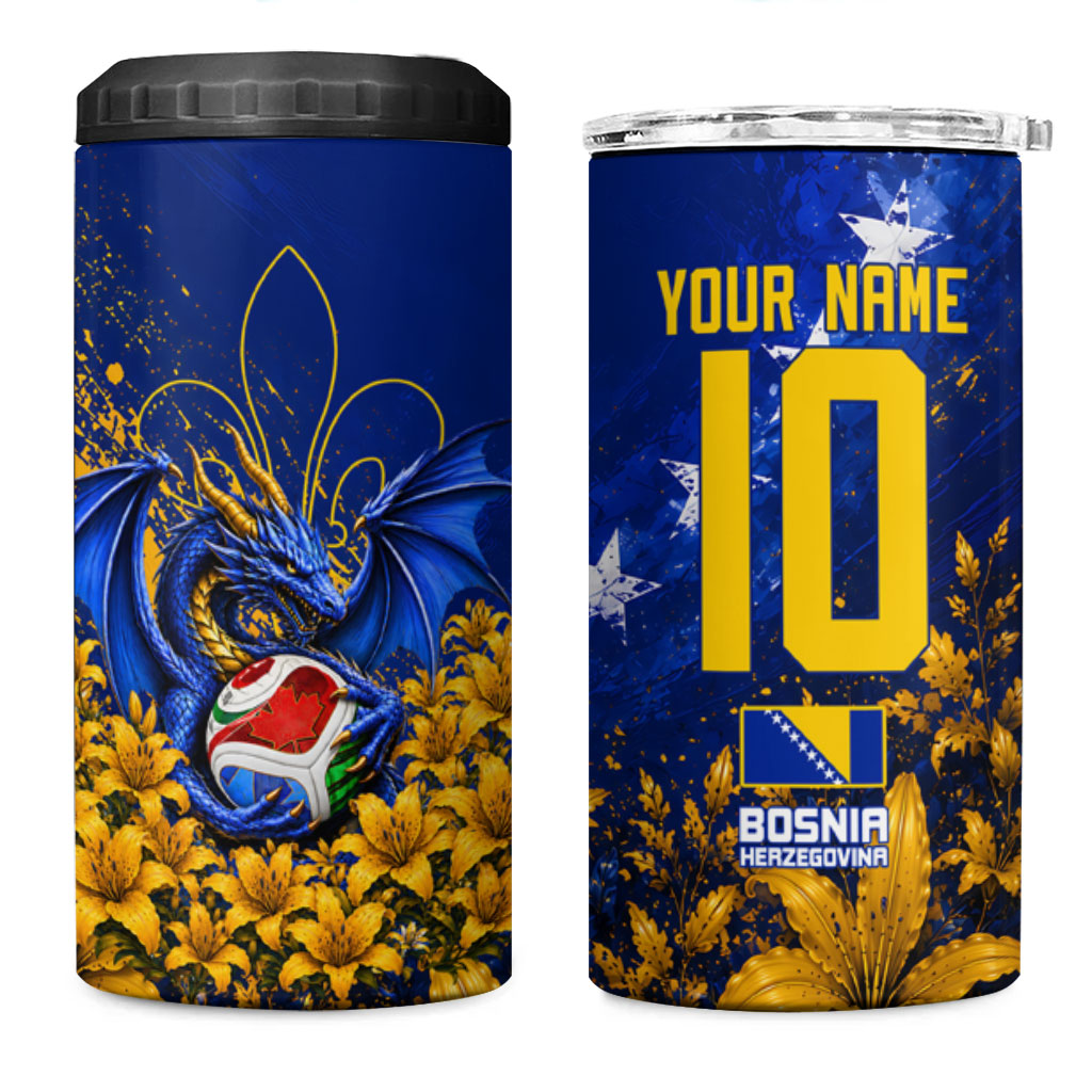 Personalized Bosnia Herzegovina Dragon Soccer 4 in 1 Can Cooler Tumbler Football Golden Lily Bosnian Flag Cheering Fans