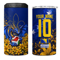 Personalized Bosnia Herzegovina Dragon Soccer 4 in 1 Can Cooler Tumbler Football Golden Lily Bosnian Flag Cheering Fans