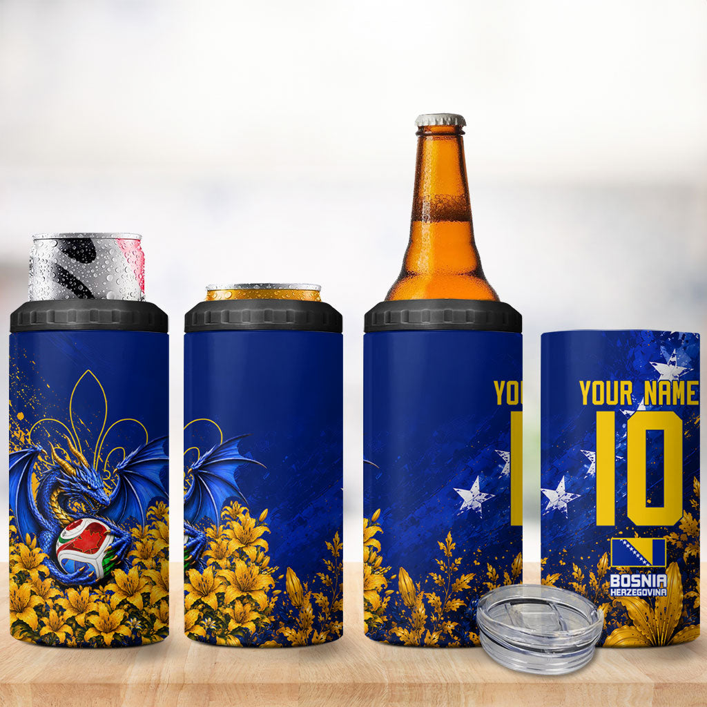 Personalized Bosnia Herzegovina Dragon Soccer 4 in 1 Can Cooler Tumbler Football Golden Lily Bosnian Flag Cheering Fans