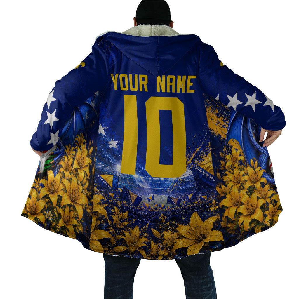 Personalized Bosnia Herzegovina Dragon Soccer Cloak Football Golden Lily Bosnian Flag Cheering Fans