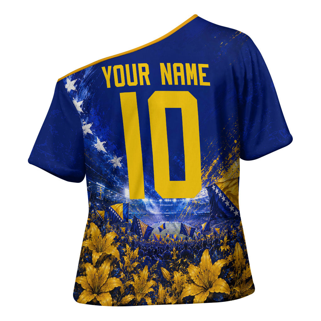 Personalized Bosnia Herzegovina Dragon Soccer Cross Shoulder Shirt Football Golden Lily Bosnian Flag Cheering Fans