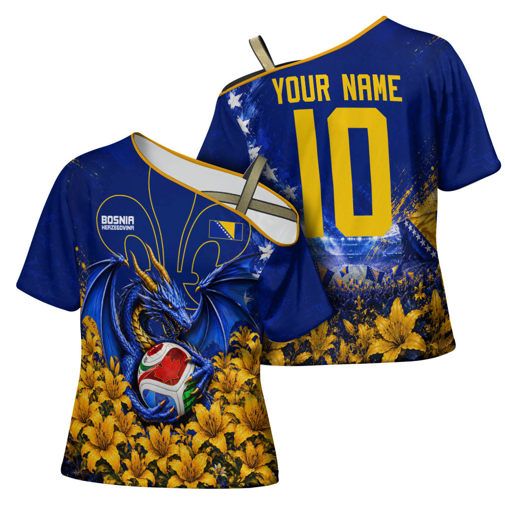 Personalized Bosnia Herzegovina Dragon Soccer Cross Shoulder Shirt Football Golden Lily Bosnian Flag Cheering Fans