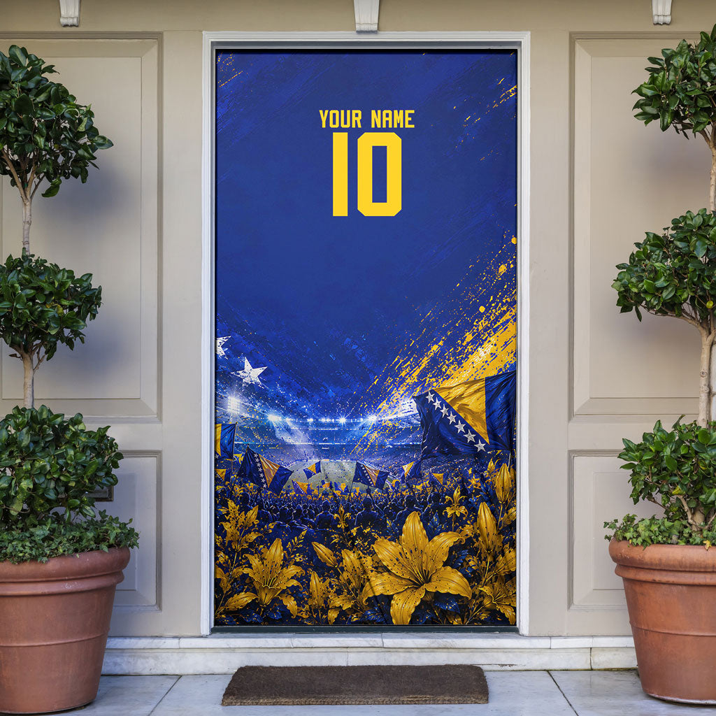Personalized Bosnia Herzegovina Dragon Soccer Door Cover Football Golden Lily Bosnian Flag Cheering Fans