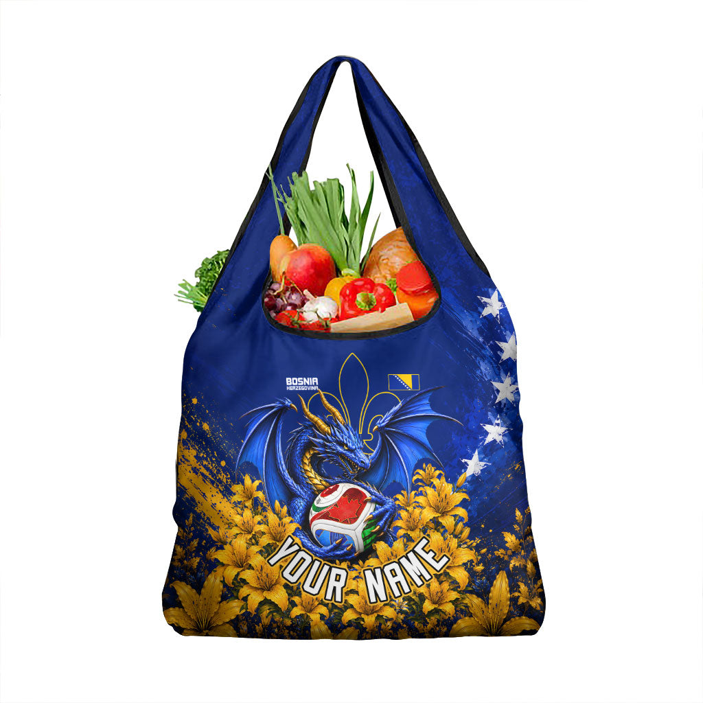Personalized Bosnia Herzegovina Dragon Soccer Grocery Bag Football Golden Lily Bosnian Flag Cheering Fans