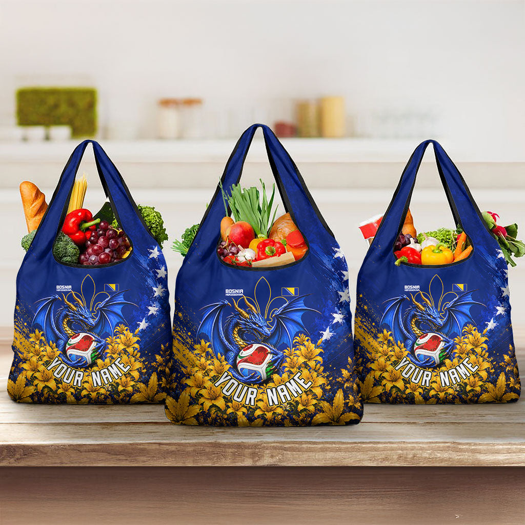 Personalized Bosnia Herzegovina Dragon Soccer Grocery Bag Football Golden Lily Bosnian Flag Cheering Fans