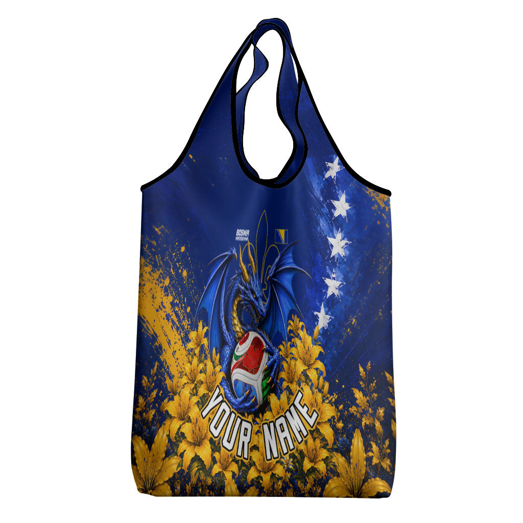 Personalized Bosnia Herzegovina Dragon Soccer Grocery Bag Football Golden Lily Bosnian Flag Cheering Fans