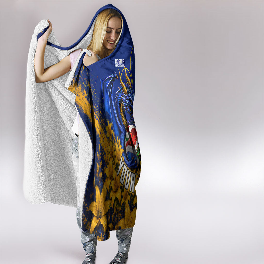 Personalized Bosnia Herzegovina Dragon Soccer Hooded Blanket Football Golden Lily Bosnian Flag Cheering Fans