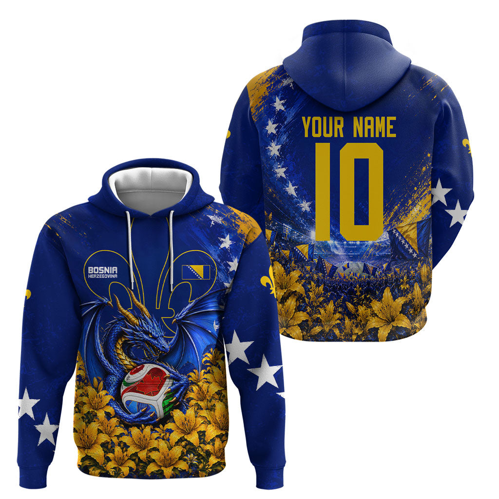 Personalized Bosnia Herzegovina Dragon Soccer Hoodie Football Golden Lily Bosnian Flag Cheering Fans
