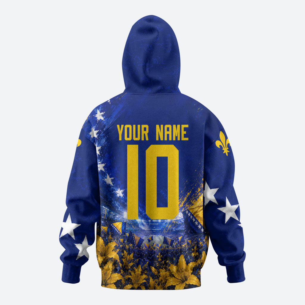 Personalized Bosnia Herzegovina Dragon Soccer Hoodie Football Golden Lily Bosnian Flag Cheering Fans