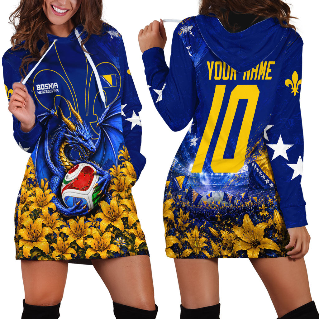 Personalized Bosnia Herzegovina Dragon Soccer Hoodie Dress Football Golden Lily Bosnian Flag Cheering Fans