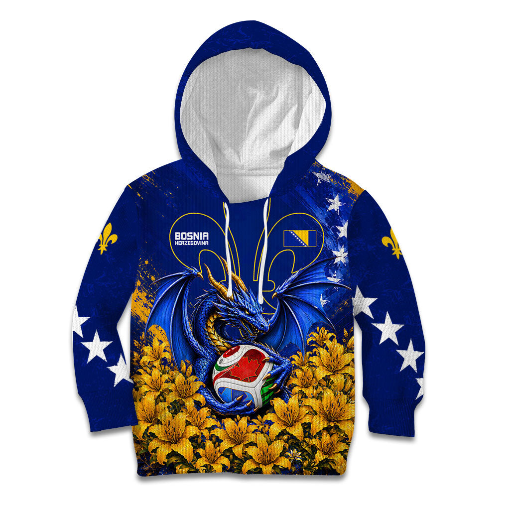Personalized Bosnia Herzegovina Dragon Soccer Kid Hoodie Football Golden Lily Bosnian Flag Cheering Fans