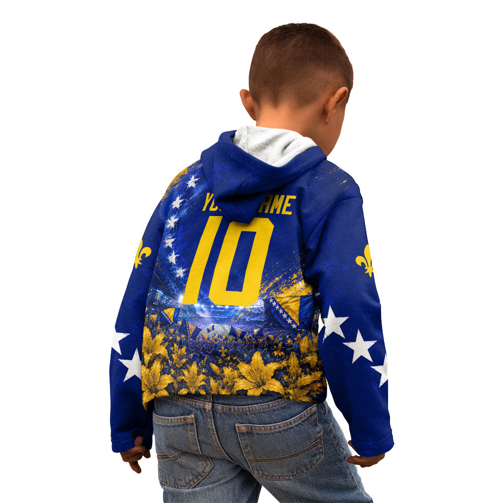 Personalized Bosnia Herzegovina Dragon Soccer Kid Hoodie Football Golden Lily Bosnian Flag Cheering Fans
