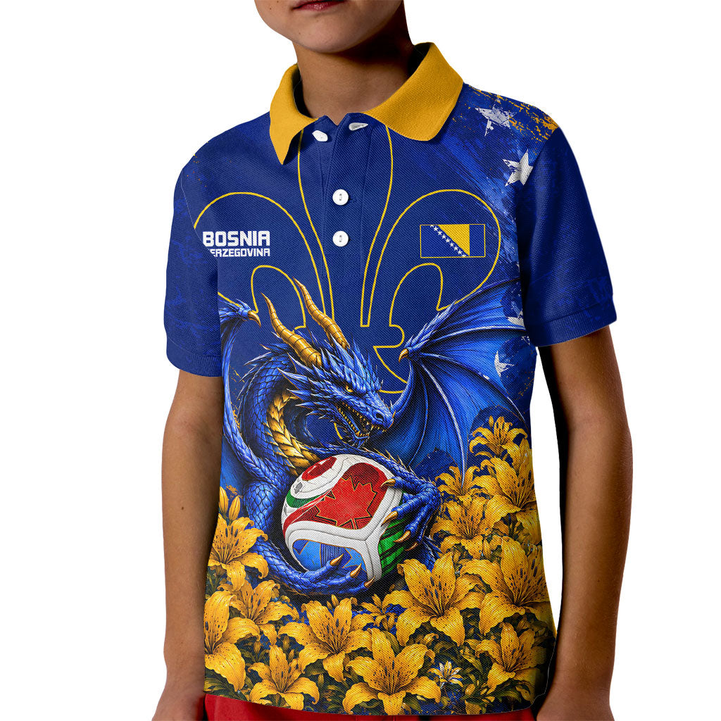 Personalized Bosnia Herzegovina Dragon Soccer Kid Polo Shirt Football Golden Lily Bosnian Flag Cheering Fans