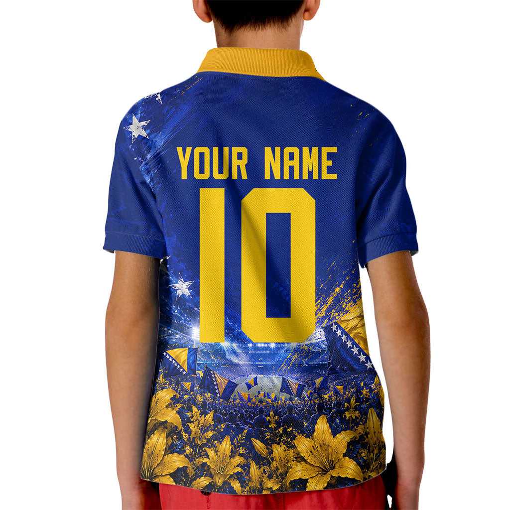 Personalized Bosnia Herzegovina Dragon Soccer Kid Polo Shirt Football Golden Lily Bosnian Flag Cheering Fans